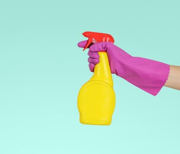 A person wearing a glove with a bottle of cleaner